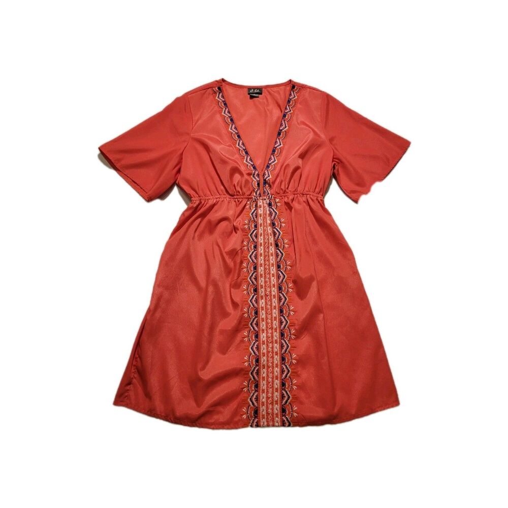 Dots Dress Womens Medium Embroidered Deep V Neck Knee Length Coral Bohemian